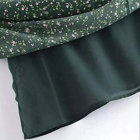 Green Floral Sweetheart Neck Chiffon Dress with Ribbon Straps - Picture 11 of 16